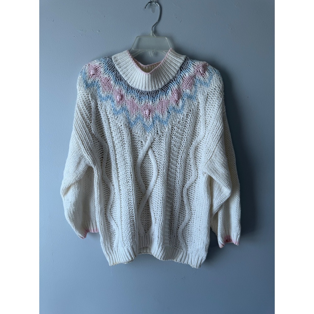 Exclusive Imports Vintage Hand Knit Cable Sweater Pastel Pink Blue White Large - Picture 1 of 9